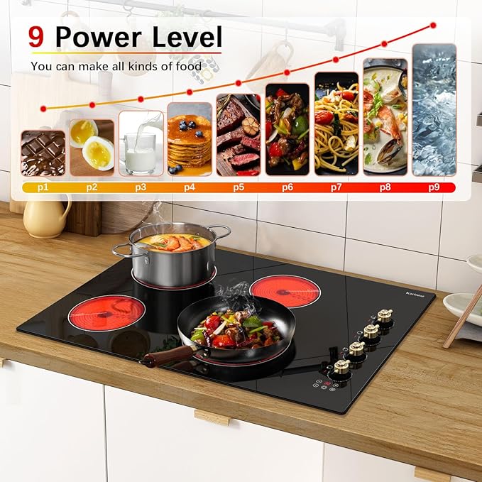 Karinear Electric Cooktop 30 Inch, 4 Burners Electric Stove Top, Built-in Radiant Cooktop with Expandable Burner, Knob Control, Safety Lock, Timer, 6700W 220~240V Hard Wired(No Plug)