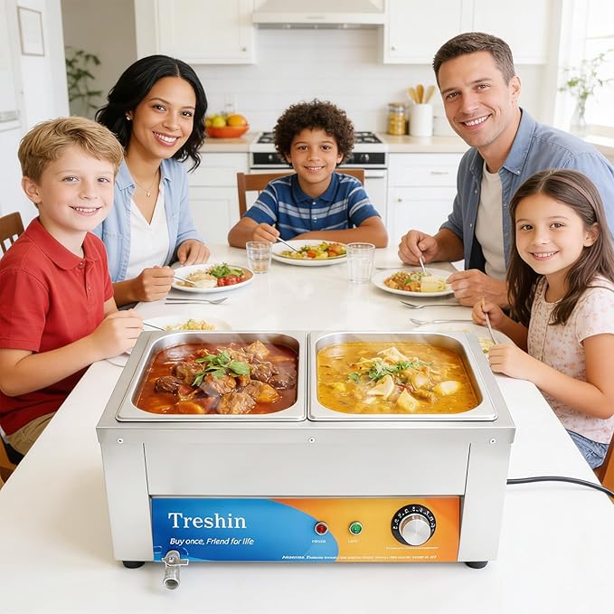Treshin 2 Pan Commercial Food Warmer 21 Qt Capacity 1200W Stainless Steel Electrical Bain Marie Buffet Food Warmer Steam Table with Temperature Control & Lid for Home, Party, Catering, Restaurants