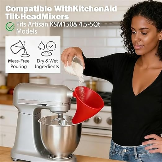 Flour Funnel for Kitchen Aid Mixer, Stand Mixer Attachment, Easy Pour No-Mess Attachment, Anti-Splash Accessory, Durable Dishwasher-Safe Baking Tool (Black)