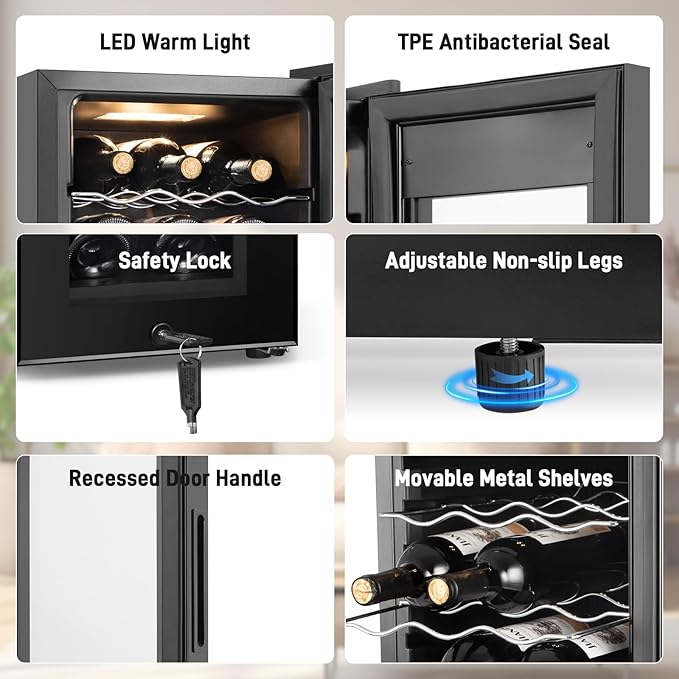 Tylza 18 Bottles Wine Fridge, Wine Cellar with Powerful Compressor, LED Touchscreen, Low-E Tempered Glass Door, Lock, Wine Cooler Refrigerator for Red, White, Champagne or Sparkling Wine, Black