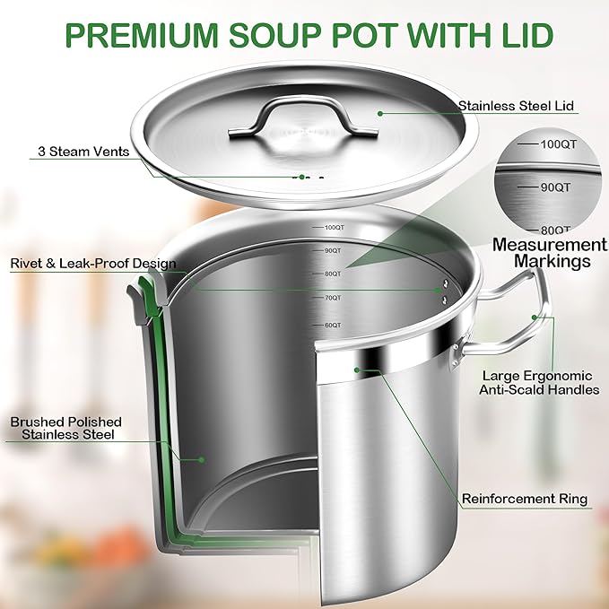Extra Large Stock Pot 100 Quart (25Gallon) – Professional Stainless Steel Stockpot with Lid – Heavy Duty Cooking Pot for Commercial Kitchens, Canning, and Outdoor Seafood Boil