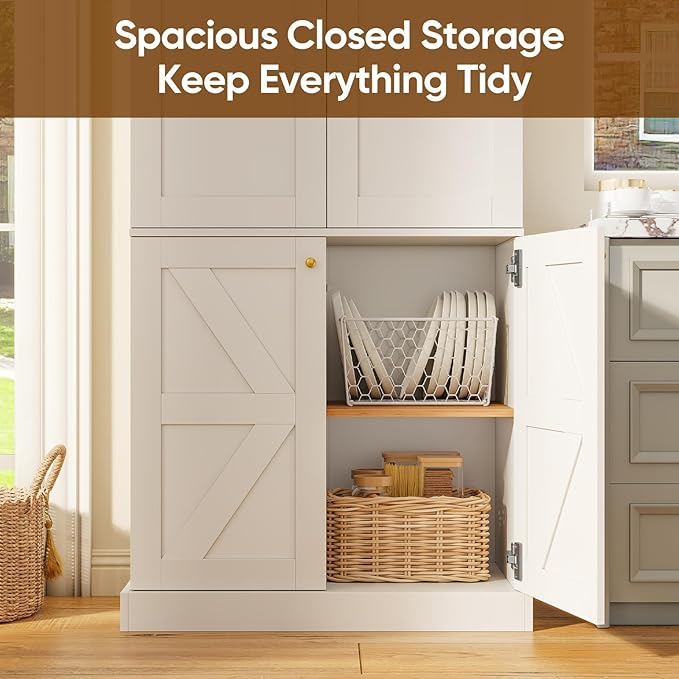 70.8" Tall Farmhouse Kitchen Pantry Cabinet with Doors, Modular Storage Cabinet with 4-Tier Adjustable Shelves, White, Wooden Hutch for Living Room, Kitchen, Set of 2