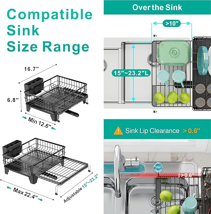 Swedecor Extendable Dish Drying Rack - Large 2-in-1 Dish Racks for Kitchen Counter with Drainboard & Pan Slots, Anti-Rust Over Sink Dish Drainer, 12.6" to 22.4" L x 16.7" W, Black