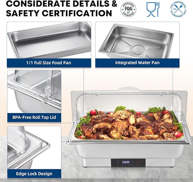Electric Chafing Dish Buffet Server Set, Stainless Steel Full Size & Half-Size &Three-Section Food Pan with Temp Control, Roll Top Stainless Steel Food Warmers for Catering Buffet (A-02)