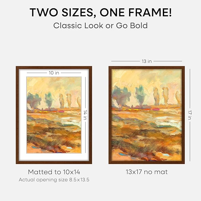 Homeforia 13x17 Picture Frame Brown, High End Dark Oak 13x17 Poster Wood Frame with Mat 10x14 for Photo, 13 x 17 Wooden Walnut Frame Matted to 10 x 14, 17x13 Frames, Tempered Glass, Wall Kit, Set of 1