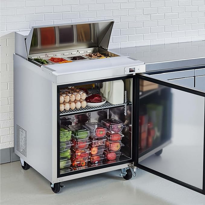 VEVOR Commercial Refrigerator, 28" W Sandwich/Salad Prep Refrigerated Table, Stainless Steel Food Prep Station Fridge with 8 Pan, for Restaurant, Bar, Shop, 7.1 Cu. Ft Refrigerator Single Door, Silver