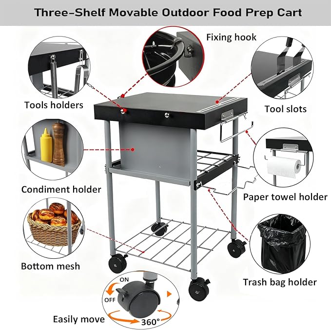 Rolling Grill Side Table Cart for 18"/22" Weber Charcoal Kettle Grills - Outdoor Prep Stand with Wheels, Mesh Storage Racks for Backyard BBQ, Camping, Parties