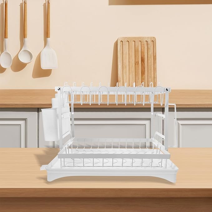 Bowl Draining Rack and Kitchen Dish Draining Stand, White Multifunctional Countertop Drying Rack with Cutting Board Holder and Utensil Cup, Dishwasher Safe for Home Kitchen
