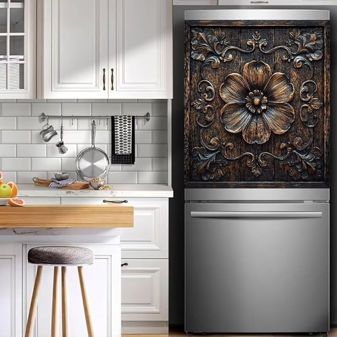 Flower Carved Wood Magnetic Dishwasher Cover Vinyl Sticker,Vintage Wooden Floral Dishwasher Magnet Cover,Rustic Wood Fridge Door Cover Magnets Art Skin Panel Decal for Home Decor, 23"X26"