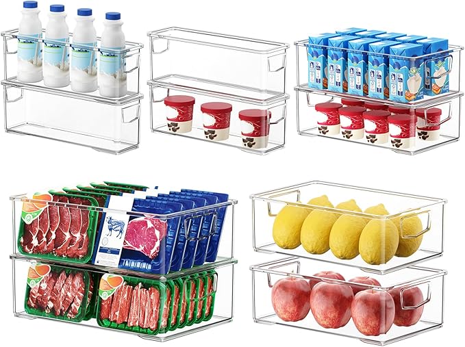 10 Pack Fridge Organizer Bins, Freezer Organizer Clear Stackable Storage Bins with Handles for Pantry, Cabinets, Kitchen, Home Organization Must Haves