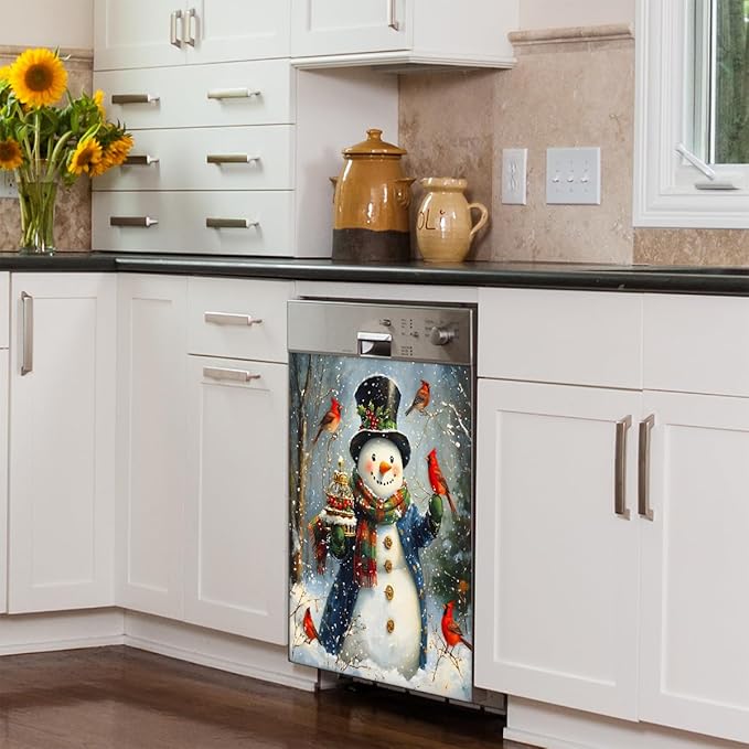 Christmas Cardinal Cute Snowman Dishwasher Magnet Cover Christmas Xmas Magnetic Dishwasher Decorative Cover Front Dishwasher Door Covers Dishwasher Covers Decor Kitchen Appliances Gift 23" X 26"
