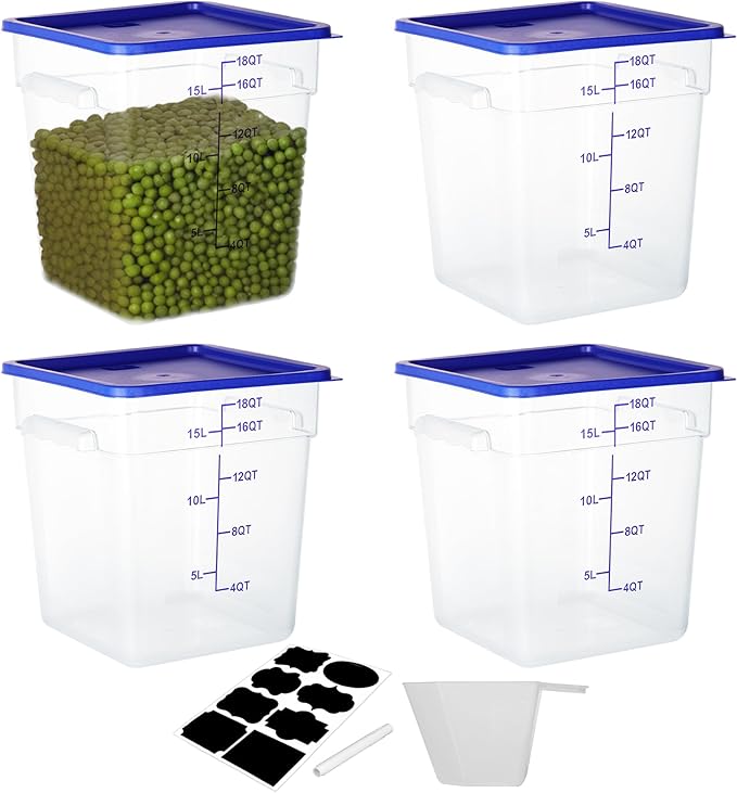4 Pack Food Storage Containers, 18 Quart Square Commercial Food Containers with Lids, NSF, Polycarbonate, Clear