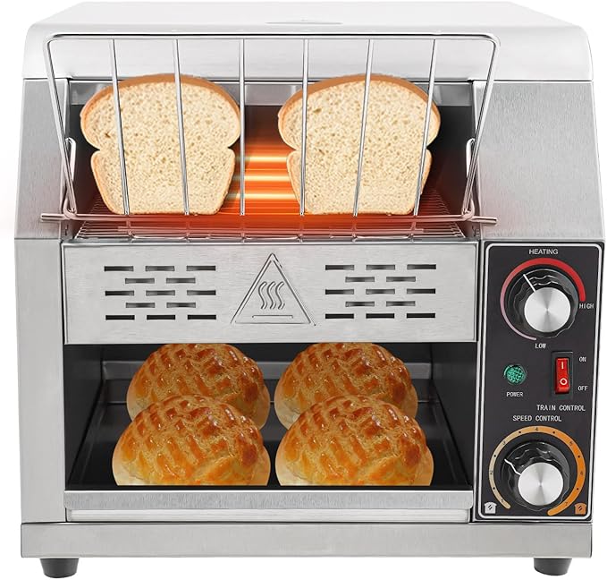 1900W Commercial Conveyor Toaster, 1-7 Gears Electric Stainless Steel Restaurant Toaster Oven with Grid & Crumb Tray Maximum Heating 300°C/572°F for Restaurants, Hotels (300 Slices/Hour)