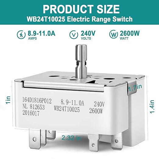 WB24T10025 Infinite Range Control Switch for GE Electric Range Stove, 8 Inch Surface Burner, Replacement for AH236750, EA236750, AP2024072, 769692, PS236750