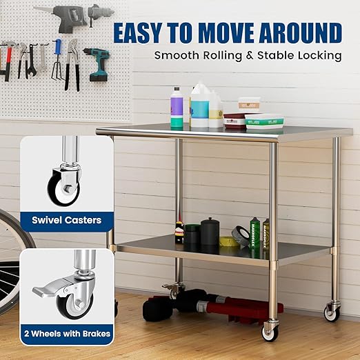 Stainless Steel Work Table with Wheels, 30x48 Inch NSF Kitchen Prep Table with Adjustable Undershelf for Commercial Restaurant, Garage, Outdoor BBQ