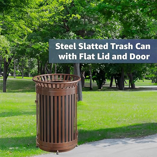 45 Gallon Brown Trash Can with Flat Lid & Door, Outdoor Heavy-Duty Commercial Waste Bin Steel Slatted, Round Recycle Container, Durable Garbage Can for Parks, Municipalities, Schools, Parking