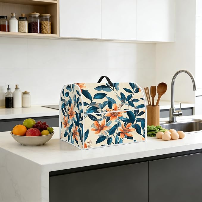 Stand mixer cover with handle and storage bag, reusable and washable, stylish retro floral design, keeps kitchen countertops clean and tidy (fits 6-8 quart mixers).
