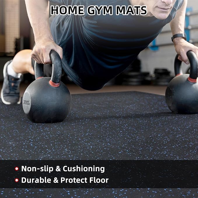 0.56in Thick 48 Sq Ft Exercise Equipment Mats, 12 Tiles Rubber Top EVA Foam Workout Mats, Interlocking Gym Flooring for Home Gym, 24 x 24in, Black & Blue