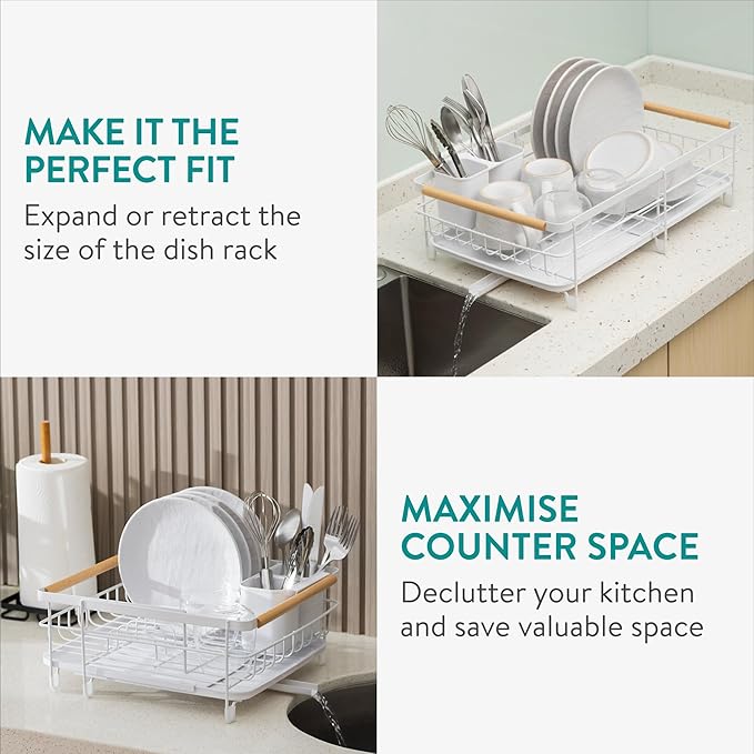 Navaris Expandable Dish Rack - Adjustable Draining Board for Drying Dishes - Removable Plates and Cutlery Holder - Kitchen Sink Washing Up Drainer with Plug and Drip Tray - White