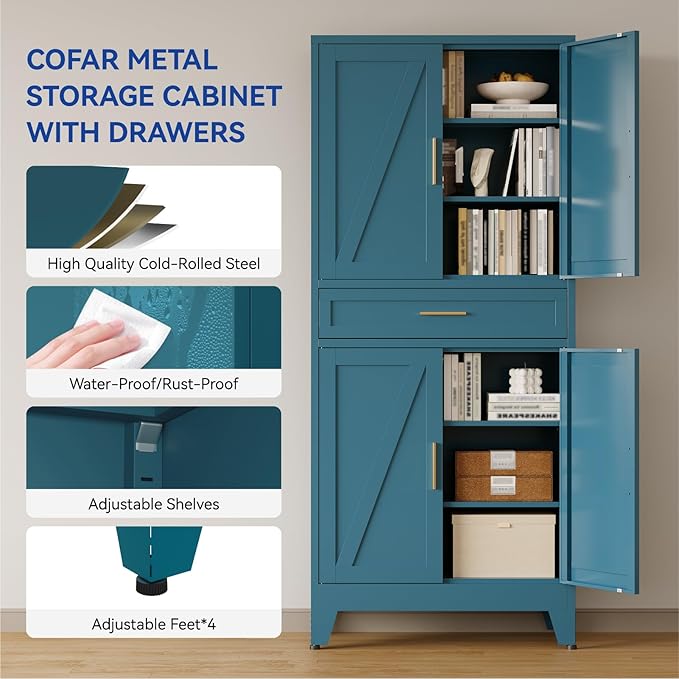 COFaR 71'' Tall Metal Pantry Cabinet with Drawer, Kitchen Storage Cabinet with 4 Doors and Shelves, Freestanding Farmhouse Food Cupboard for Kitchen Dinning Room Garage, Peacock Blue 6-Tier