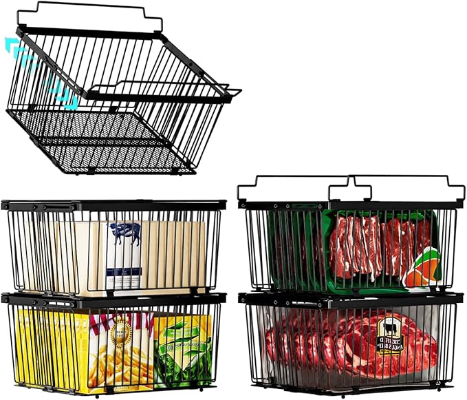 Large Freezer Organizer Bins，Upgraded Bottom Leak-Proof net，Fit 5 to 9 Cu Ft Chest Freezer，5 Pack， Expandable Stackable Chest Freezer Containers with Handle (Black-5P)