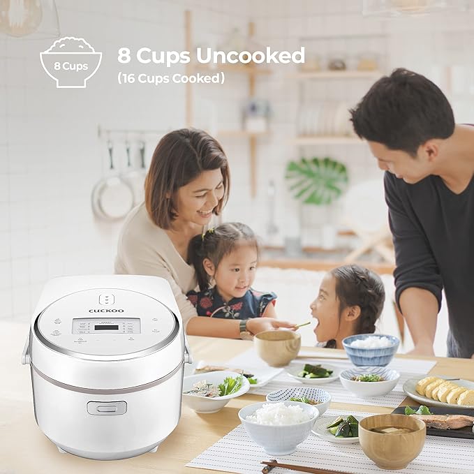 CUCKOO Micom Rice Cooker 8-Cup Uncooked / 16-Cup Cooked with Nonstick Inner Pot, Large Rice Maker with 9 Menu Options, Fuzzy Logic Technology, Auto Clean Mode, LCD Display, White (CR-0810F)