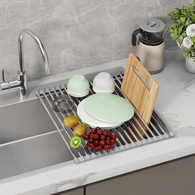 Foldable Over Sink Dish Drying Rack - Stainless Steel Sink Drain Rack with Silicone Edges, Roll-Up Storage for Kitchen, RV, Dorm Sinks (18.5×11.4in)