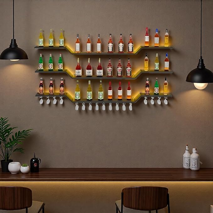 78.7" Wall Mounted LED Wine Rack, 3-Tier Floating Bar Shelves, Large Liquor Shelf with Wine Glass Rack, Large Bar Rack Wall Mounted for Liquor Bottles, Home Bar, Dining Room or Cafe, Black