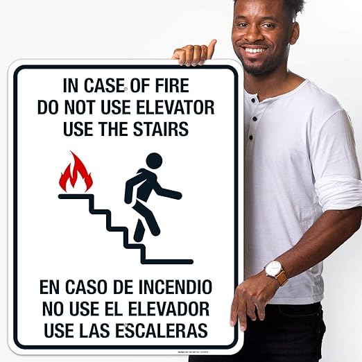 in Case of Fire Do Not Use Elevator Use The Stairs Bilingual Sign, Fire Safety Sign, 24x30 Inches, Rust Free .063 Aluminum, Fade Resistant, Indoor/Outdoor Use, Made in USA