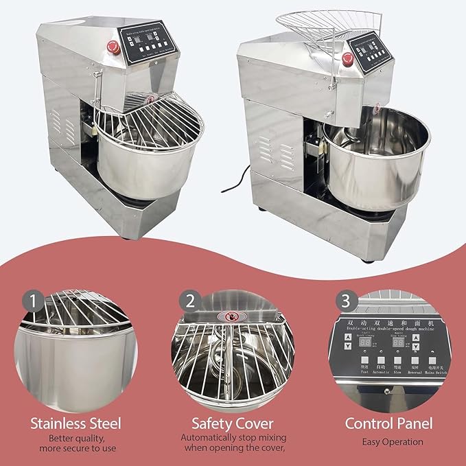 50QT Commercial Stand Dough Mixer Double Action Fast and Slow Speed Spiral Electric Flour Mixing Machine for Professional Bread Making Kneading Machine with Speed Time Control 50L 2200W