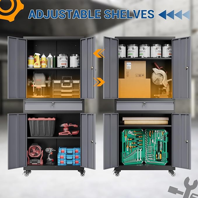 73" Metal Cabinet-Black&Gray Heavy Duty Rolling Storage Cabinet Steel Tool Cabinets with Wheels, Shelves, Lockable Doors and Drawers- for Garage, Pantry, Warehouse - Assembly Required