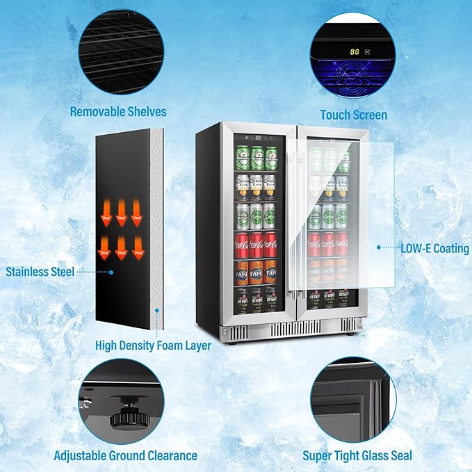 5.4 Cubic Feet/176 Can Fridge, 24 inch Freestanding Beverage Refrigerator Dual Zone with Glass Front Door for Soda, Beer Under Counter Drink Refrigerator with Adjustable Shelves(Silver)