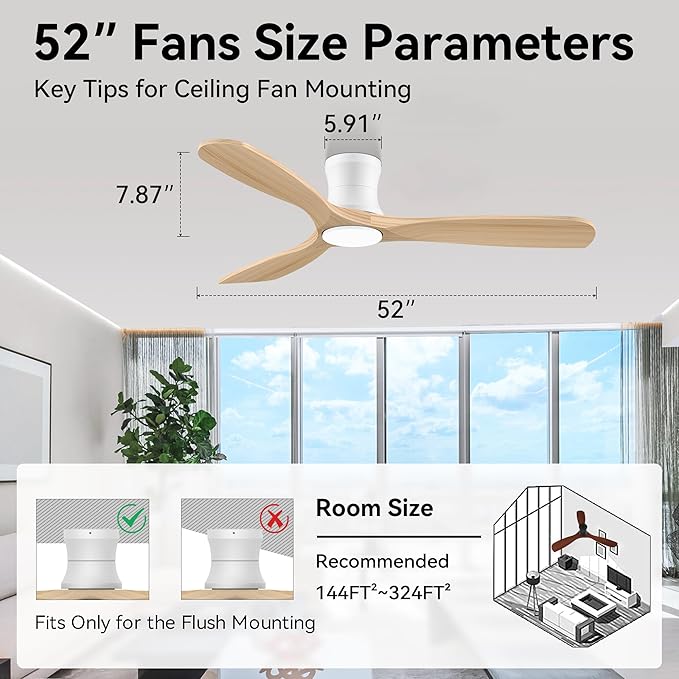 Smart 52” Wood Flush Mount Ceiling Fans with Lights and Remote,Quiet DC Motor,Outdoor Indoor Ultra Low Profile Ceiling Fan works with Alexa WIFI APP,Modern White Ceiling Fan for Bedroom Patio