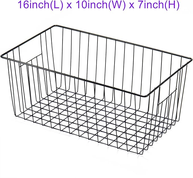 16inch Freezer Wire Storage Organizer Baskets, Household Refrigerator Bins with Built-in Handles for Cabinet, Pantry