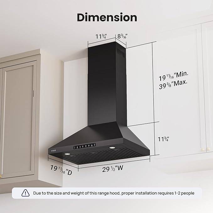 Wall Mount 30 Inch Range Hood 900 CFM, Ductless/Ducted Convertible, 3-speed Gesture Sensing & Touch Control, Black Painted Stainless Steel Kitchen Vent Hood with Permanent Baffle Filters