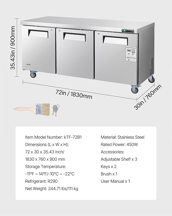 VEVOR 72" W Commercial Freezer, 17.7 Cu.Ft Worktop Freezers Undercounter with LED Auto Lighting and Lockable Door, 3 Doors Food Freezing Prep Worktable, Stainless Steel Prep Frozen Table with Casters