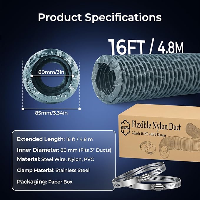Diesel Heater Ducting 3inch 16FT, Nylon Flexible Duct Hose, Insulated Duct Vent Hose for Diesel Heater, 3D Printer, Dryer Vent, RV, Boat Blower, Ventilation Systems, Gery