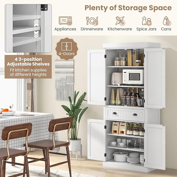 DORTALA 72” Tall Kitchen Pantry Cabinet, Wood Storage Cupboard w/ 4 Adjustable Shelves, 2 Cabinets & Drawer, Utility Freestanding Storage Cabinet for Kitchen, Hallway, Living Room, White