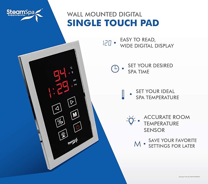 SteamSpa 10.5kW Steam Sauna Generator Premium Bundle 240V Steam Generator with Touch Pad Control, Steamheads, Pressure Relief Valve, Built-in Auto Drain and Plumber Quick Install Kit SS-PRT1050CH-A