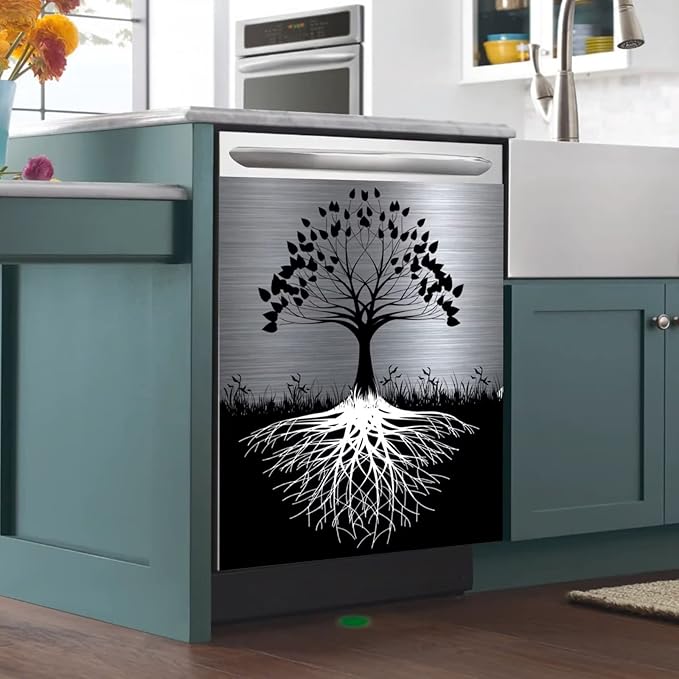 Tree of Life Dishwasher Cover Magnet Decor,23x26inch Large Polishing Metal Dishwasher Front Door,Black Kitchen Dishwasher Decal,Tree Refrigerator Panel,Sliver Metal Magnetic Dishwasher Sticker