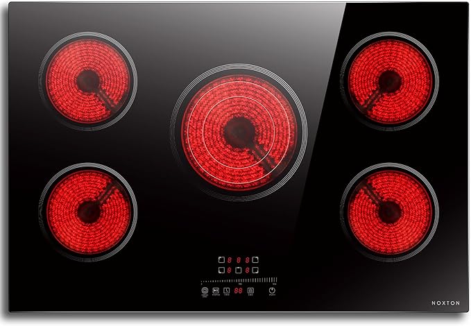 Noxton 30 Inch Electric Cooktop, 5 Burners Electric Stovetop, Built-in Glass Cooktop, 9 Power Level, Pause, Timer, Child Safety Lock, Triple Ring, 220-240V Hardwire(NO plug)