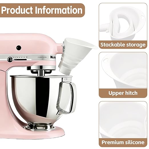 Flour Funnel for Kitchen Aid Stand Mixer, Silicone Foldable Stand Mixer Attachment, Spill-Free Ingredient Chute for Artisan Series, BPA-Free, Dishwasher Safe