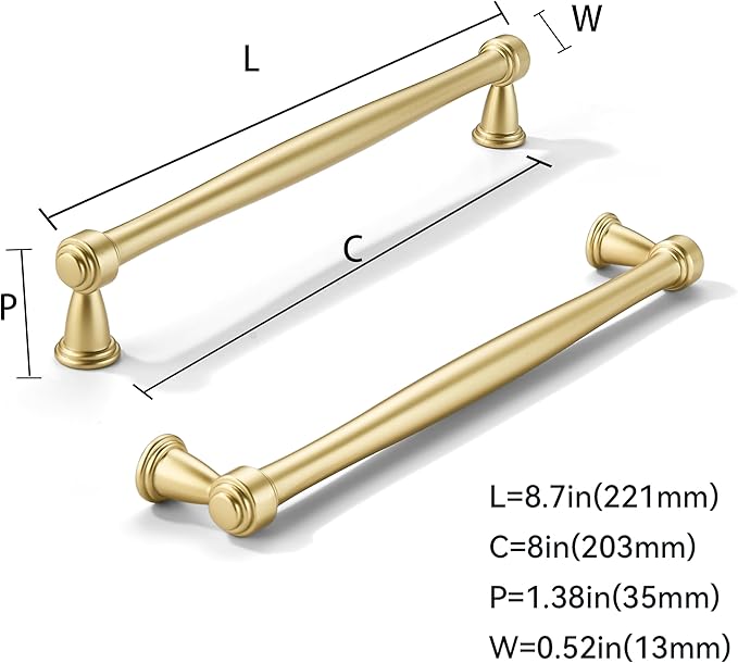 khtumeware 2 Pack 8 Inch(203mm) Brushed Gold Cabinet Pulls Matte Gold Kitchen Cabinet Handles Kitchen Cabinet Hardware for Cupboard Drawer Handles Dresser Pulls