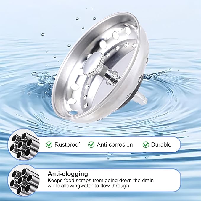 Sink Drain Strainer 2-Pack, 3-in-1 Kitchen Sink Stopper and Basket with Fine Mesh, Stainless Steel Drain Cover for Clog & Odor Prevention, Fit for Kitchen Bathroom Sinks (2 Pack) CAIPEN