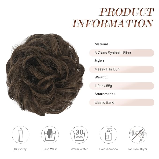 FESHFEN Large Messy Bun Hair Piece - Wavy Synthetic Chignon Scrunchies Elastic Ponytail Hair Extensions Thick Hairpieces for Women, Golden Brown 1.94oz