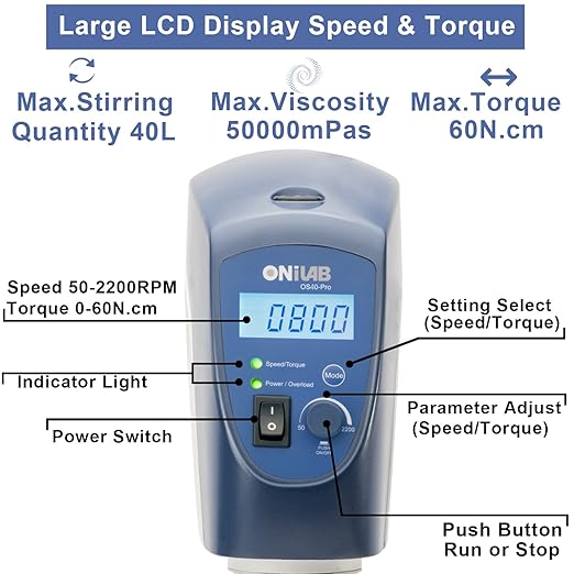 ONiLAB 8053200100 LCD Digital Overhead Stirrer Max Stirring Quantity 40L Max.2200Rpm, White, Aluminum Alloy （Stand Included)…
