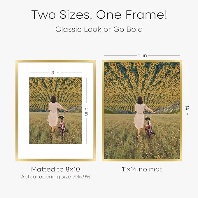 Homeforia 11x14 Picture Frame Gold, High End Metal 11x14 Poster Frames with Mat for 8x10, 11 x 14 Gold Frame Matted to 8 x 10 inch Photo, 11by14 Thin Hanging Frames, Tempered Glass, Wall Kit, Set of 3