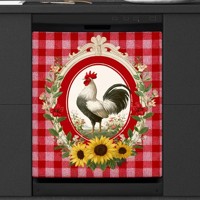 Dishwasher Magnet Cover Red Checkered Rooster Dishwasher Door Cover Panel Decals Magnetic Refrigerator Covers for Kitchen Farmhouse Home Decor 23 X 26 in