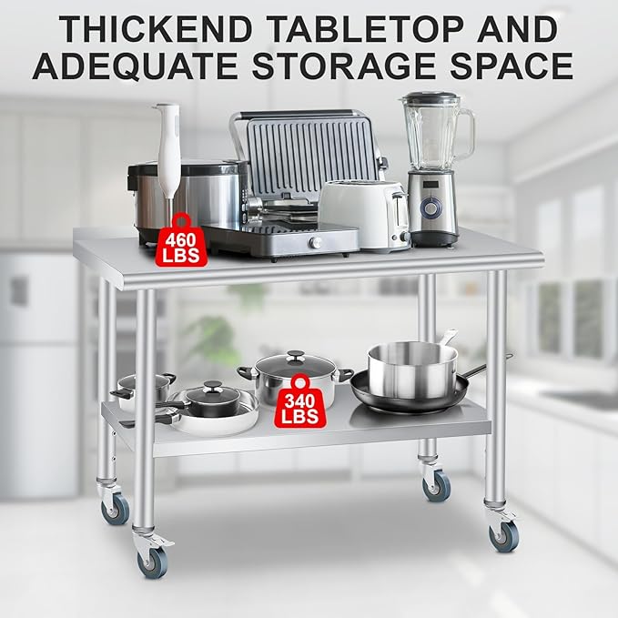 Stainless Steel Prep Table, 60 x 24 Inches, with Backsplash, Adjustable Undershelf and 4 Caster Wheels, Commercial Heavy Duty Table with Adjustable Under Shelf for Outdoor Use,Restaurants,Hotels,Works