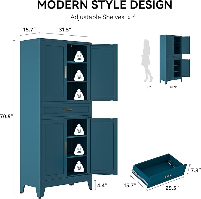 COFaR 71" Pantry Cabinet with Drawer, Peacock Blue Storage Cabinet with Adjustable Shelves, 3-Section Modern Statement Cupboard for Kitchen & Bathroom